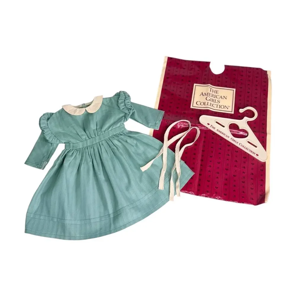 American Girl Kirsten Work Dress Green Cream Hair Ties Pleasant Co Label & Bag